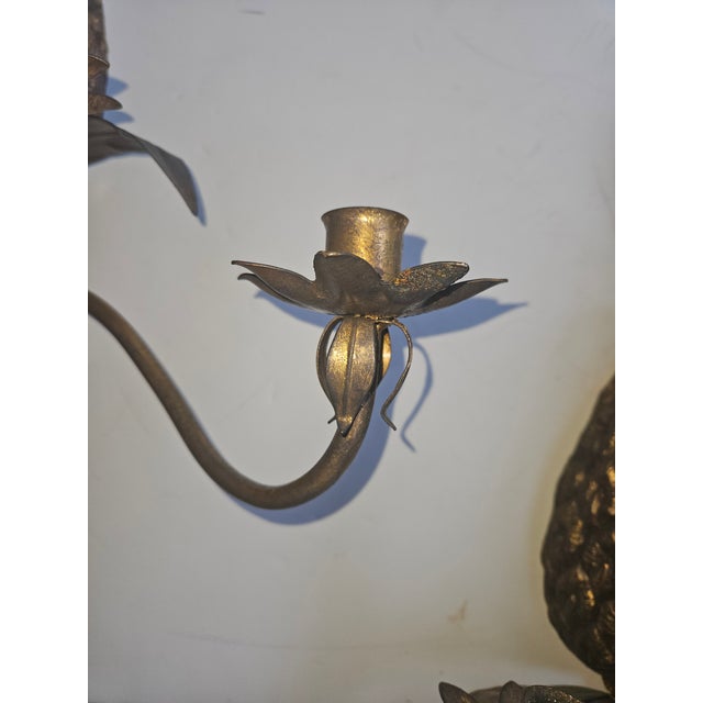 Traditional Dark Burnished Gold Four Arm Tole Pineapple Sconces - A Pair For Sale - Image 3 of 5