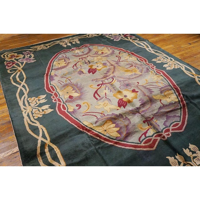 Art Deco 1920s Green Floral Medallion Antique Chinese Art Deco Rug 9' X 11'9" Handknotted Wool Carpet For Sale - Image 3 of 6