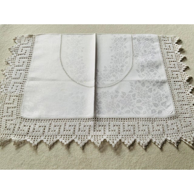 Textile Antique Linen Tea Cloth With Greek Key Lace Border & Woven Medallion Center — Early 20th C. For Sale - Image 7 of 18