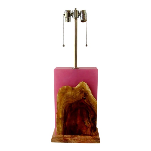 Orchid Pink Resin and Carob Burl Wood Console Table Lamp For Sale