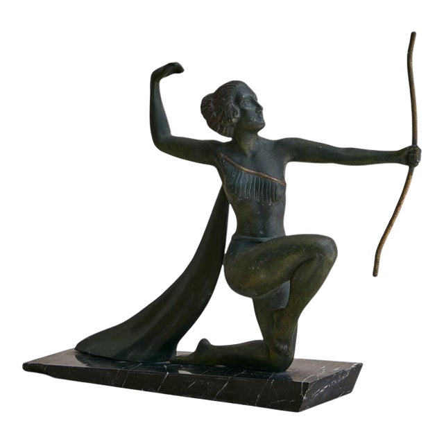 French Art Deco Bronze Sculpture of Diana on Marble Plinth, 1930s For Sale
