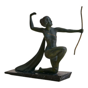 French Art Deco Bronze Sculpture of Diana on Marble Plinth, 1930s