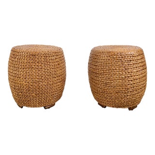 Vintage Woven Seagrass Drum Stools, a Pair For Sale