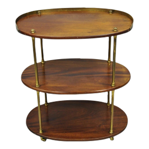 English Campaign Style Mahogany & Brass Oval 3 Tier Rolling Bar Cart Side Table