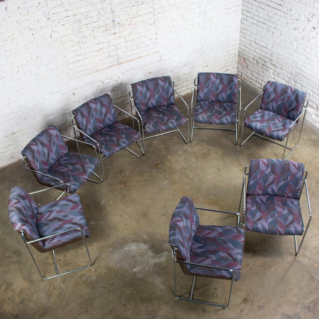 Late 20th Century Modern Krueger Set 8 Dining Armchairs Chrome Steel Rod Frames & Geometric Fabric For Sale - Image 6 of 18