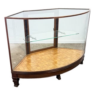 Antique Curved Glass Display Cabinet Wooden Showcase, 1890s For Sale