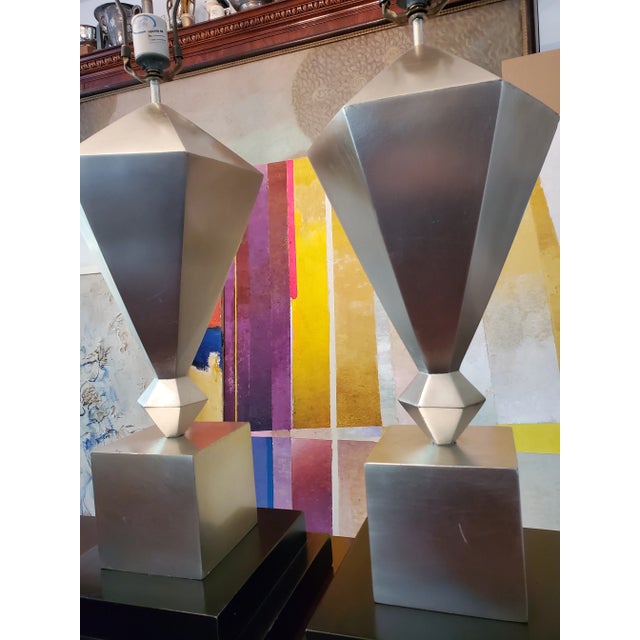 Vintage Mid-Century Diamond Shaped Silver Lamps - a Pair For Sale In Boston - Image 6 of 8