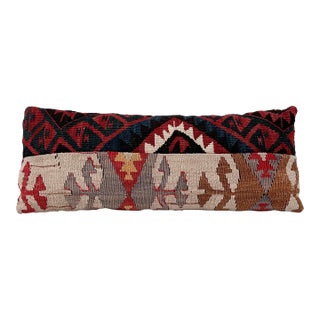 Vintage Turkish Kilim Lumbar Pillow | Handwoven Wool Decorative Cushion | 8 in X 20 In For Sale