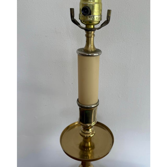 English 1970s Brass Candlestick Lamp With Carved Wood Base For Sale - Image 3 of 9