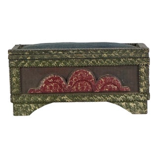 Vintage Painted Tramp / Folk Art Sewing Box With Large Pincushion Top & Red Heart Carving For Sale