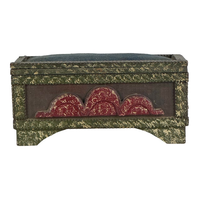 Vintage Painted Tramp / Folk Art Sewing Box With Large Pincushion Top & Red Heart Carving For Sale