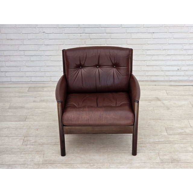 Brown Vintage Scandinavian Armchair in Furniture Leather and Beech, 1970s For Sale - Image 8 of 18
