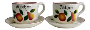 Vintage R.C.P. Co. Hand-Painted Mother & Father Cups & Saucers Set- 4 Pieces
