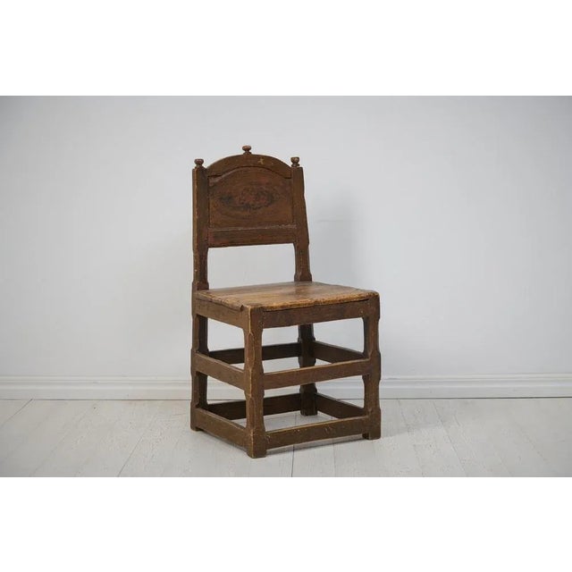 Large Antique Swedish Baroque Brown Pine Chair For Sale - Image 4 of 11
