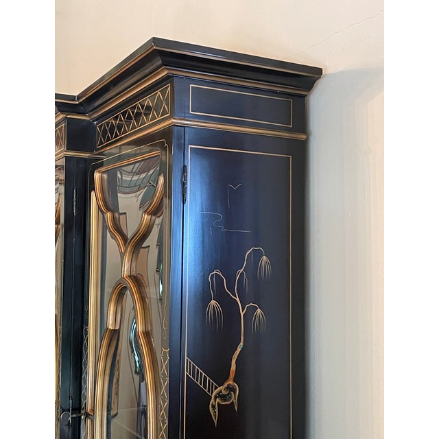 Black Vintage Karges Chinoiserie Style Bubble Glass Secretary Breakfront For Sale - Image 8 of 17