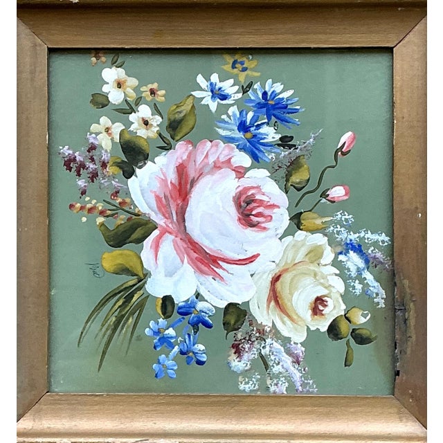 Blue Vintage Floral Oil Painting in Wood Frame For Sale - Image 8 of 13