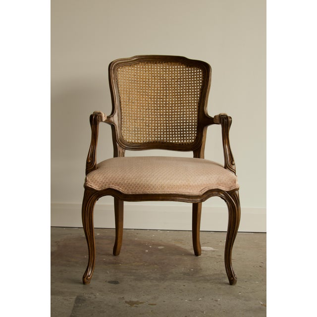 1970s Blush Fabric Kindel French Louis XV Caned Back Fauteuil Armchair, 1977 For Sale - Image 5 of 6