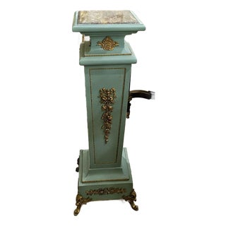Rococo Sky Blue Green Geometric Pedestal – Marble Top Column With Bronze & Gold Leaf Details For Sale