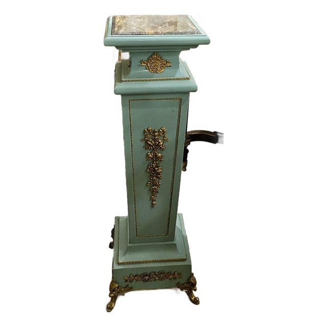 Rococo Sky Blue Green Geometric Pedestal – Marble Top Column With Bronze & Gold Leaf Details For Sale