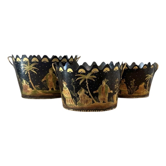 Vintage Tole Chinoiserie Hand-Painted Nesting Cache Pot / Cachepot / Jardinière / Planter, a Set of 3 by Sarreid LTD For Sale