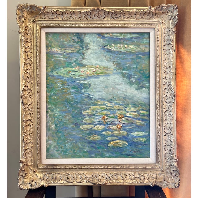 1980s Signed Oil Painting, Style of Monet's Water Lilies With Gold Ornate Frame For Sale - Image 4 of 18