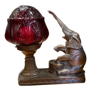 1930s Gibraltar Art Deco Spelter Elephant Table Lamp With Ruby Red Glass Shade For Sale