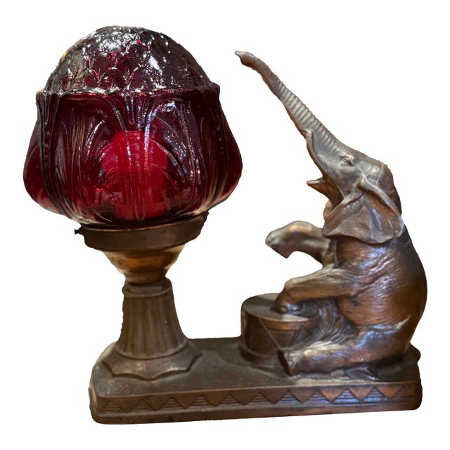 1930s Gibraltar Art Deco Spelter Elephant Table Lamp With Ruby Red Glass Shade For Sale