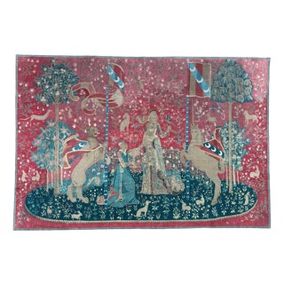 Antique French Screen Printed Tapestry Lady and Licorn, 1950s For Sale