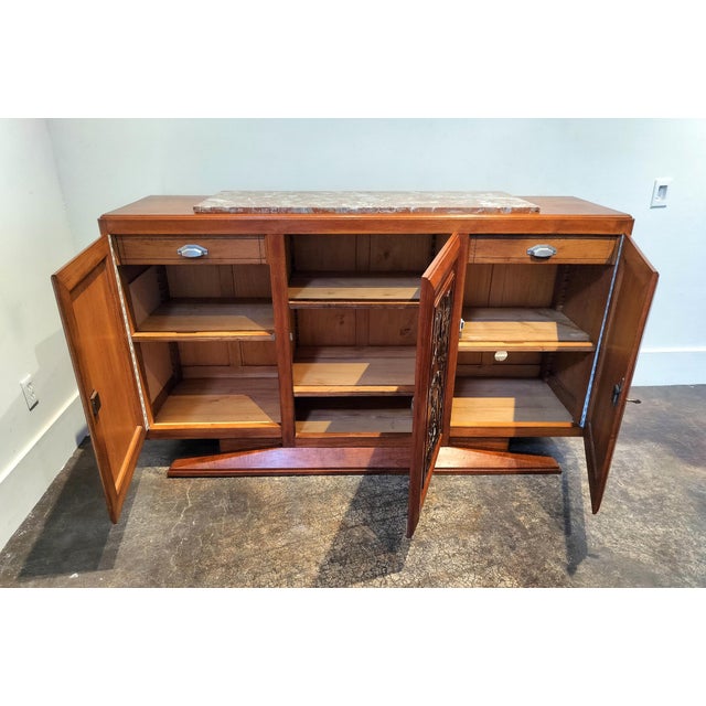 French Art Deco Marble Top Sideboard With Carved Birds and Flowers. For Sale In Dallas - Image 6 of 12