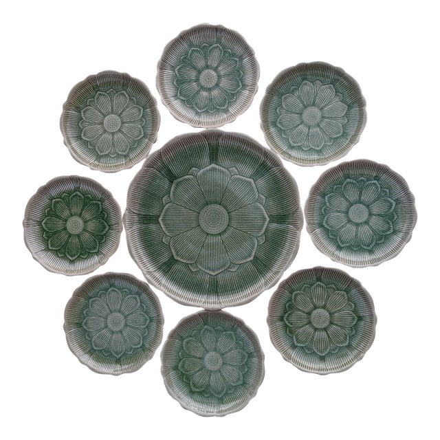 Jade Green Lotus Flower Thai Celadon Stoneware Plates - 9 Pieces For Sale