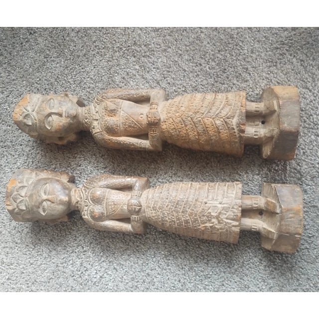 Pair, Vintage Antique Hand-Carved Wood Female Figures Temple Statue Sculpture 15" For Sale - Image 10 of 15