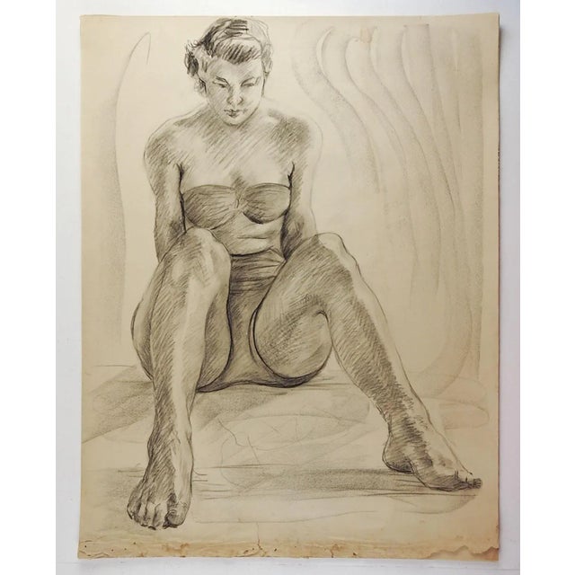 Pencil and charcoal line drawing figure study by Charles Berkeley Normann. Unsigned, Unframed, age toning, edge wear,...