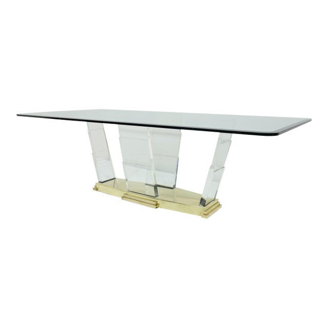 Mid 20th Century Dining Table With Lucite Supports and Brass Base Attributed to Lorin Marsh For Sale