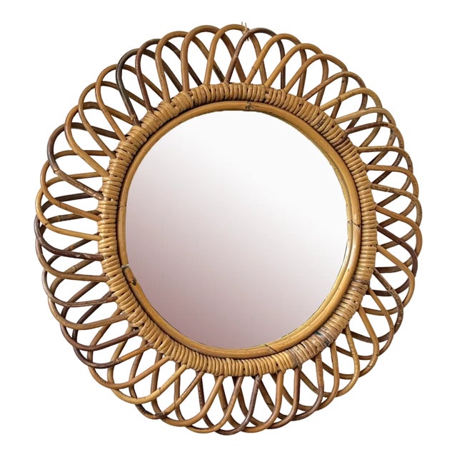 Mid-Century Italian Rattan and Bamboo Mirror in the style of Franco Albini, 1960s For Sale