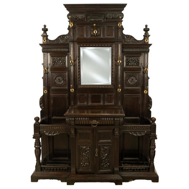 Antique Monumental Renaissance Revival Carved Oak Hall Tree Stand Mirror 1890 For Sale In Portland, OR - Image 6 of 14
