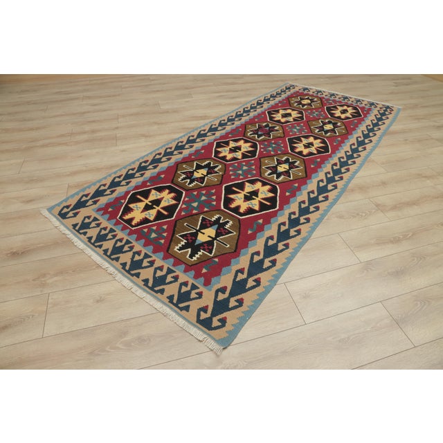 1970s Scandinavian Style Geometric Design Red Handmade Oushak Kilim Runner Rug For Sale - Image 4 of 12