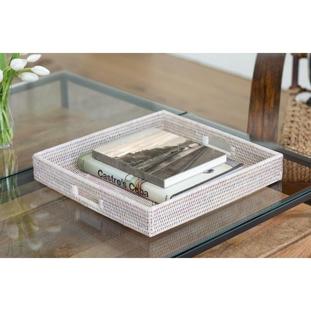 Wood Artifacts Rattan Square Serving Tray with Cutout Handles in White Wash - 16" For Sale - Image 7 of 8