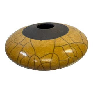 1950s Lily Yellow Crackle Glaze Studio Pottery Vessel Vase With Matte Black Rim For Sale