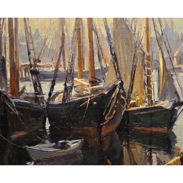 Textile Émile Albert Gruppe–Boats in Gloucester Harbor at Sunset, C. 1930s–Oil on Canvas For Sale - Image 7 of 11