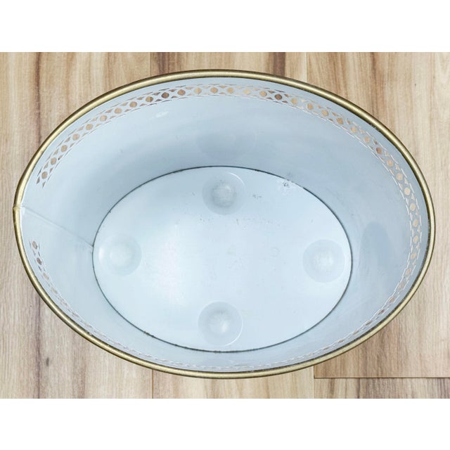Antique White Vintage Hand-Painted Tole Floral Pierced Metal Waste Bin For Sale - Image 8 of 8