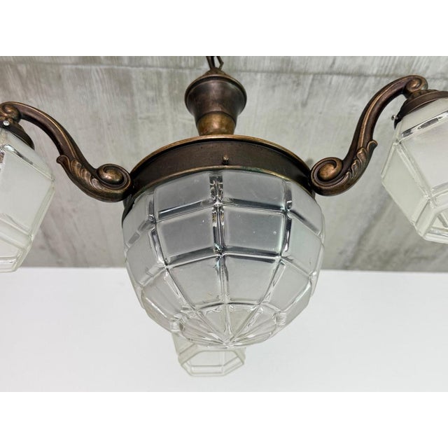 Vienna Secession Hanging Lamp in Brass and Glass, 1900 For Sale - Image 9 of 11