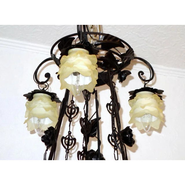 Antique French Black Patinated Metal and Glass Chandelier, 1940s For Sale - Image 4 of 5