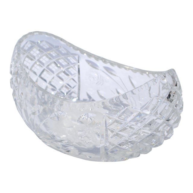 Boho Chic Victorian Boat-Shaped Brilliant Cut Glass Bowl Intricate Diamond Pattern For Sale