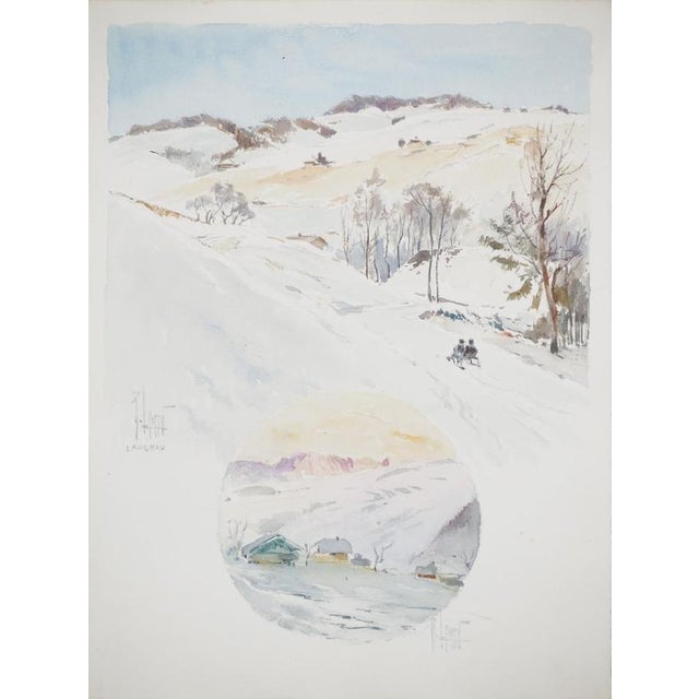René Leverd, Sledding at Sunset in Lagnau, Watercolor For Sale - Image 8 of 8