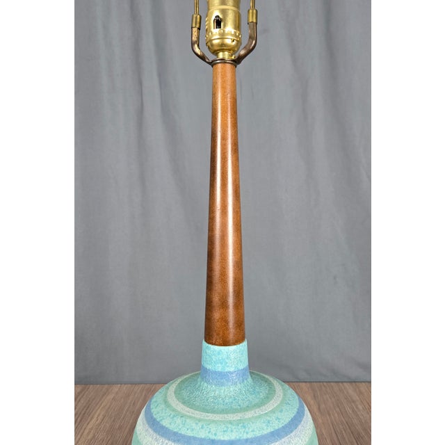 Mid 20th Century Danish Modern Blue Turquoise Striped Pottery Table Lamp For Sale - Image 9 of 14