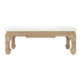 Matthew Izzo Home Massey Ming Style Rattan Bench With Ivory Linen Cushion For Sale