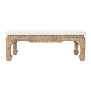 Matthew Izzo Home Massey Ming Style Rattan Bench With Ivory Linen Cushion For Sale