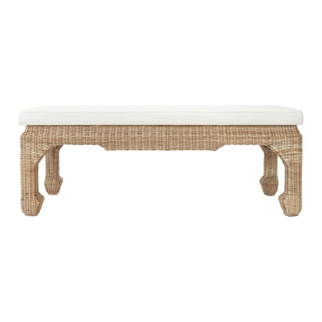 Matthew Izzo Home Massey Ming Style Rattan Bench With Ivory Linen Cushion For Sale