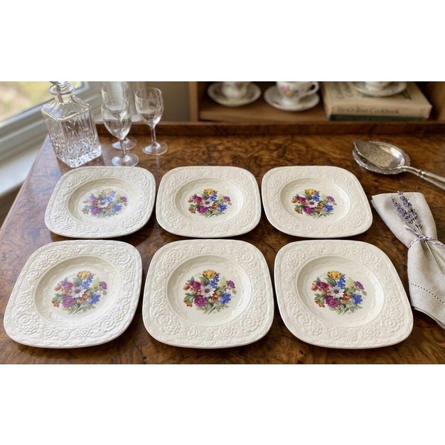 Vintage Crown Ducal "Florentine" Floral Square Plate Set - Set of 6 For Sale - Image 9 of 11