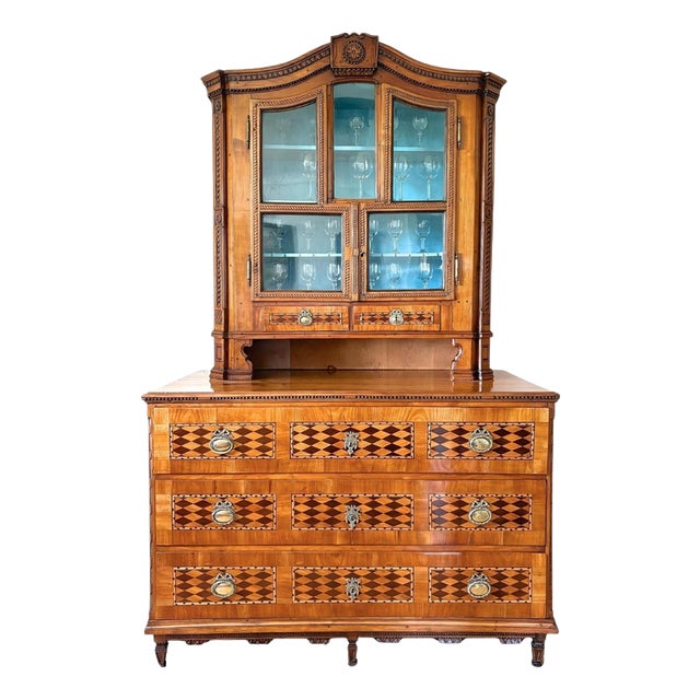18th Century Inlaid and Carved Cherrywood Vitrine Buffet, 1790s, Set of 2 For Sale